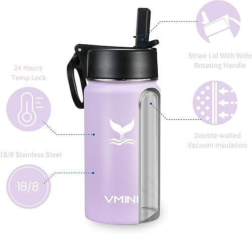 Miniatura 3 de Vmini - Botella de agua de acero inoxidable 188 de boca ancha con aislamiento al vacío y con tapa de popote, 12 18 24 32 40 64 oz