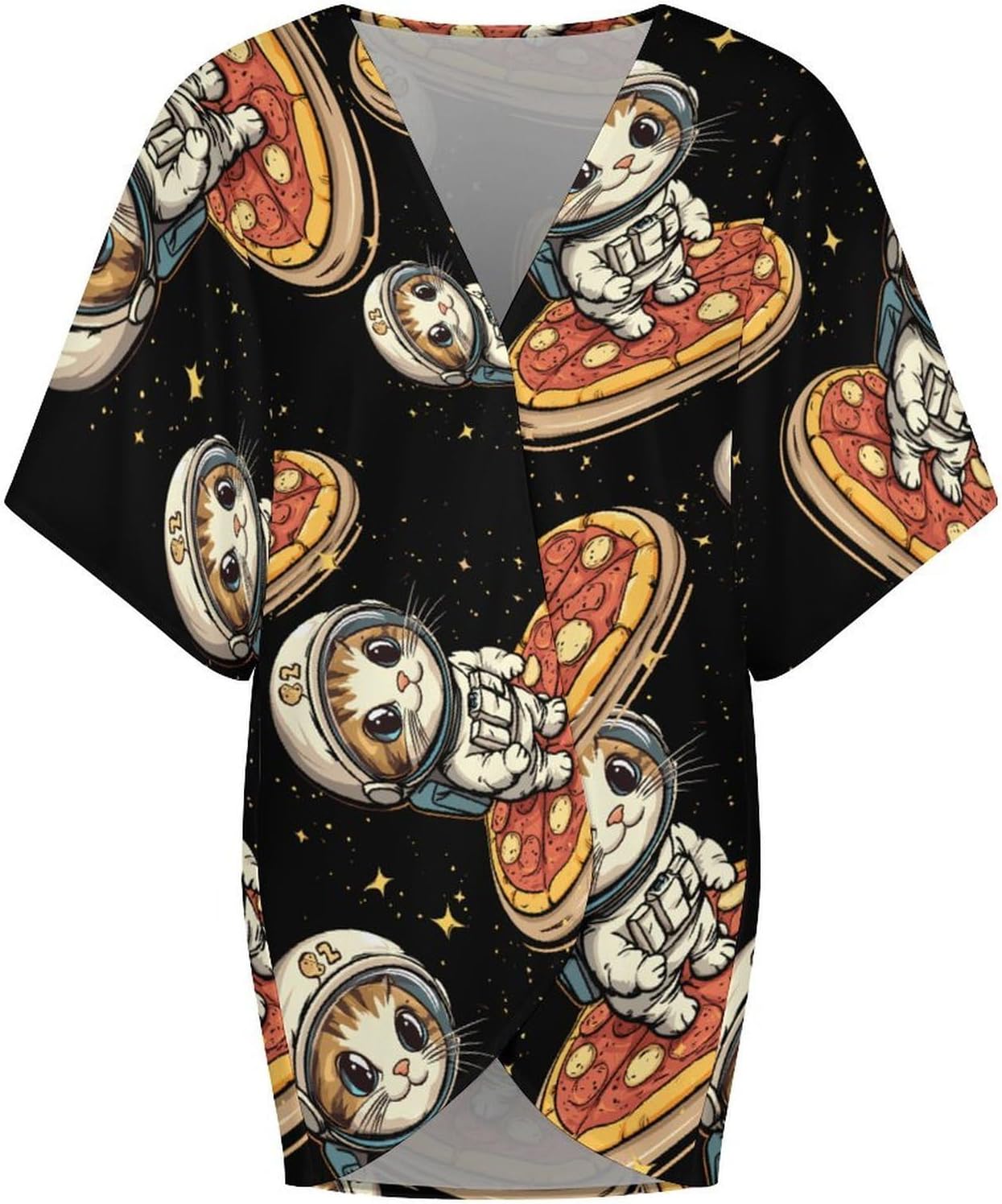 Funny Cat Flying A Pizza Astronaut Women's Open Front Cardigan Short Sleeves Jacket Lightweight Sweaters Tops