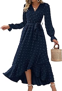 Womens Boho Cocktail Maxi Dress Fall Fashion 2025 V Neck Long Sleeve Swiss Dot Flowy Slit Wedding Guest Dresses - Buy now