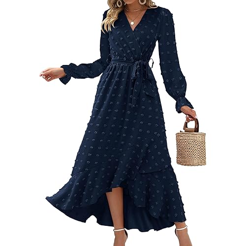 BTFBM Women's Boho Cocktail Maxi Dress 2024 Fall Fashion V Neck Swiss Dot Long Sleeve Flowy Slit Wedding Party Dresses