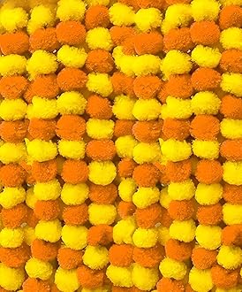 Abhaas Pack of 10 Artificial Marigold Garland toran for Decoration Long Fluffy Flowers Indian genda phool for Wedding & Festival Diwali Pongal/4.5-4.9 Ft /10 Pc/Yellow+ Light Orange Mix