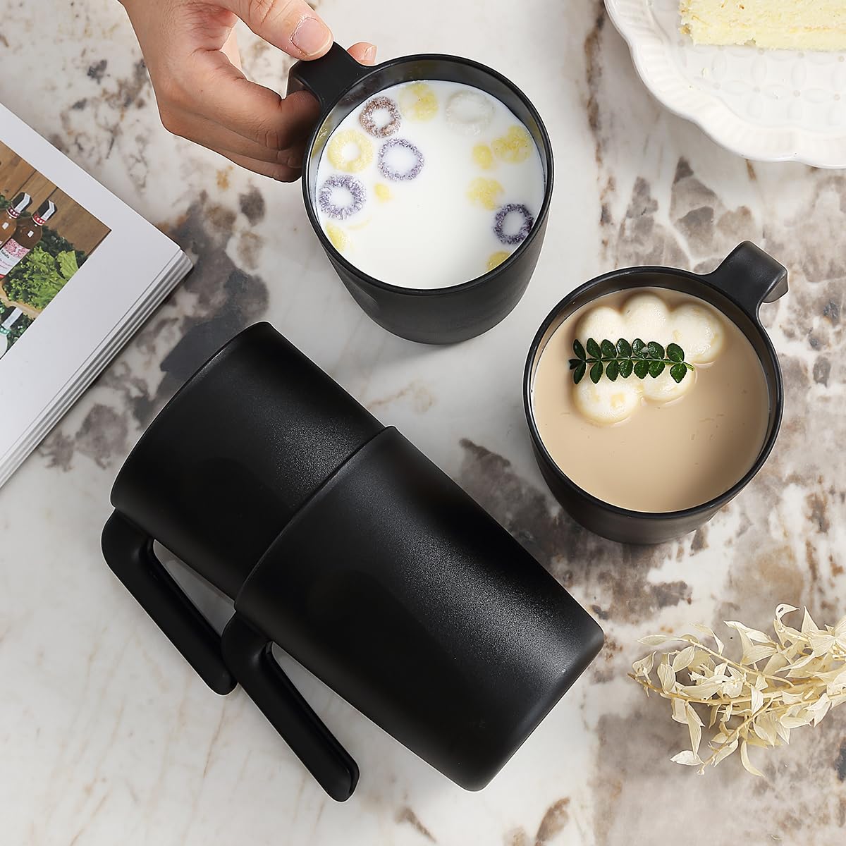 Berglander Set 8 tazze da caffè in plastica nera 450ml con manici riutilizzabili