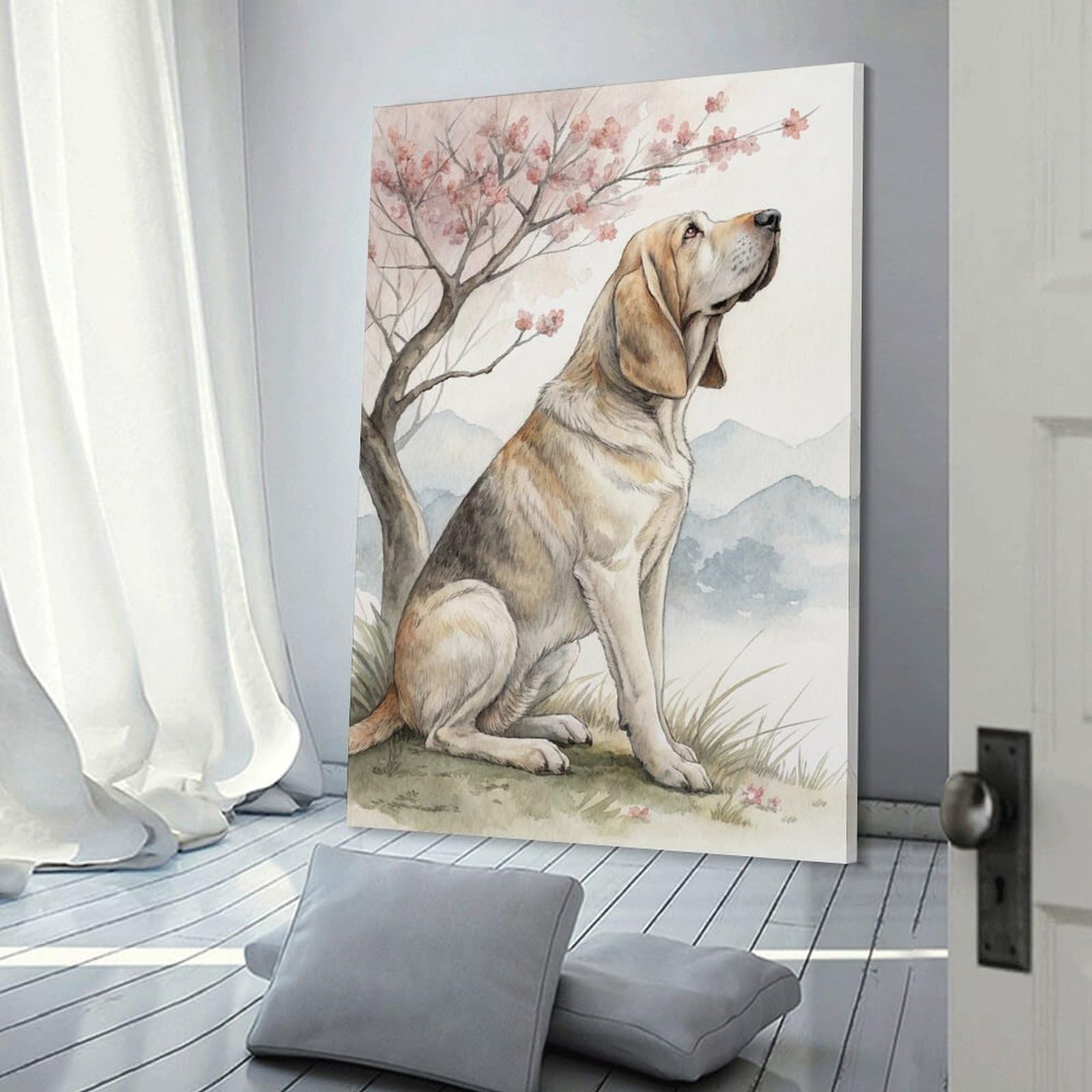 Junmoney Bloodhound Under A Cherry Blossom Tree Hanging Wall Art 24x36inch(60x90cm), for New Homes, Bedrooms Or Workspaces, Thoughtful Wall Decor for Art Lovers