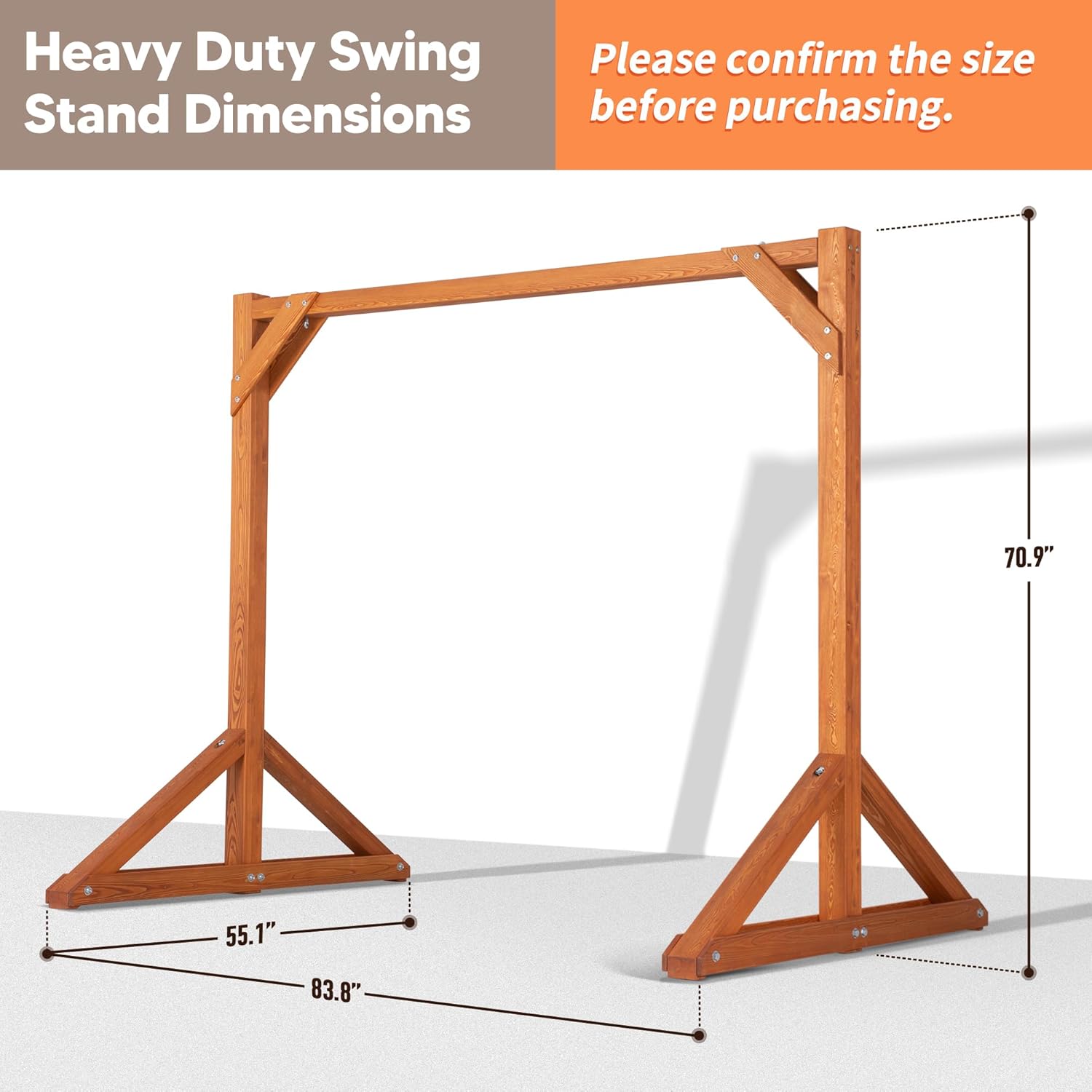 Diagram showing the dimensions of the SUNCREAT Heavy Duty Swing Stand: 83.8 inches long, 55.1 inches wide, and 70.9 inches high.