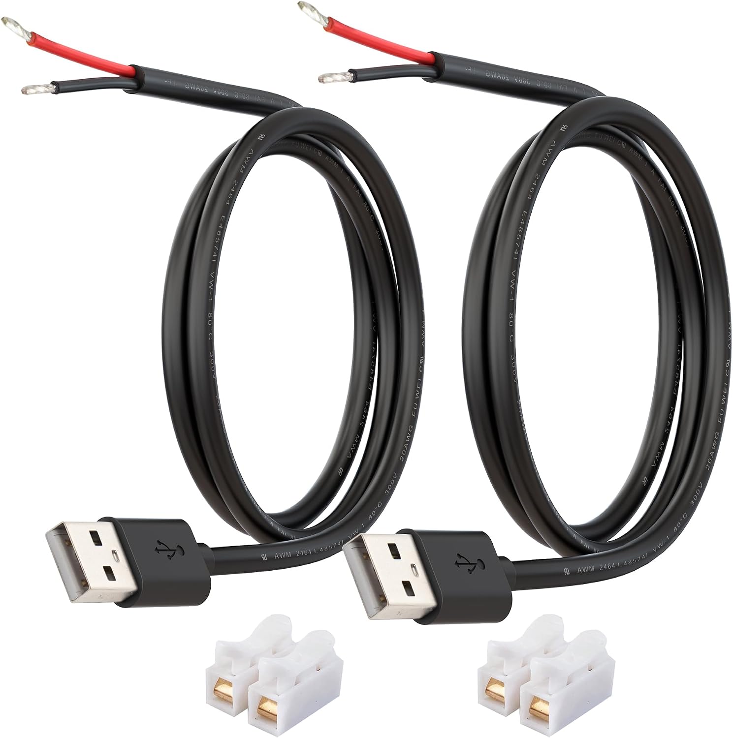 USB Power Cable to Bare Wire, 20AWG 1M USB-A Male Plug Pigtail, 5V 5A DIY Power Wire with Copper Quick Wire Connectors, for LED Strip, Arduino, Electronics Projects,2-Pack