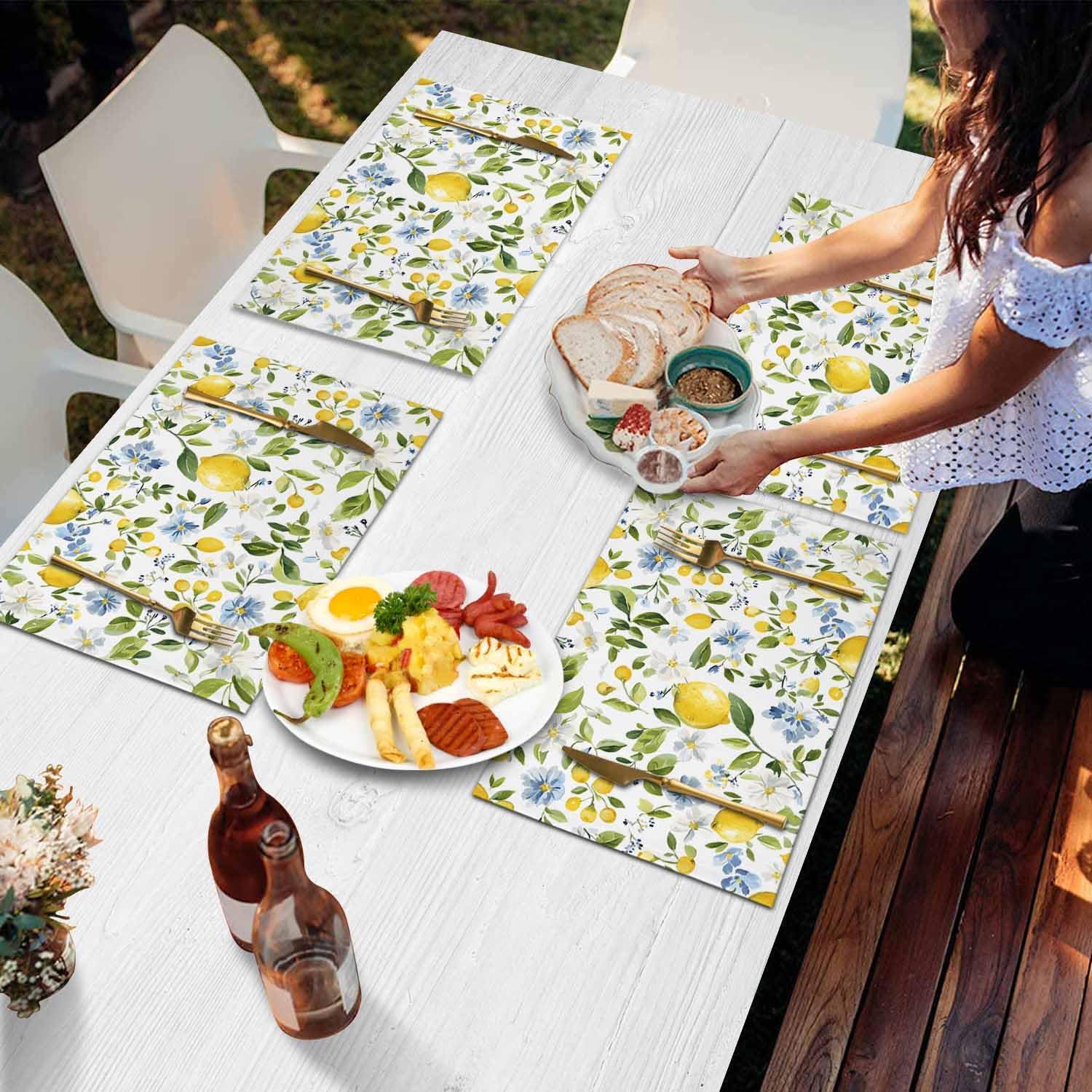 Placemats Set of 6 Summer Watercolor Farm Lemon Place Mat Washable Kitchen Dining Table Mats Blue Flowers and Fruits Placement for Indoor Family Dinner Outdoor Wedding Holiday Party Decor