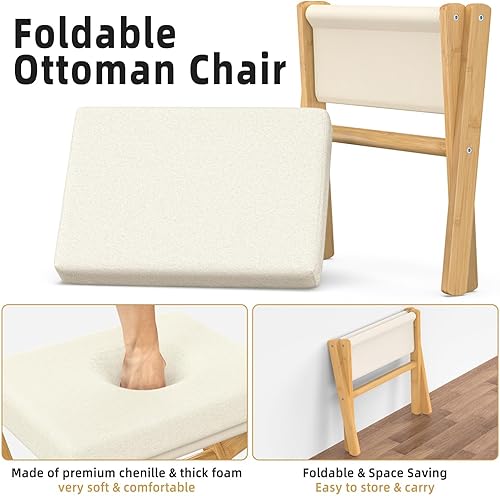 Miniatura 5 de BAMBOOHOMIE Taburete de tocador, taburete de maquillaje plegable con patas en X de bambú, taburete otomano pequeño para tocador, asiento acolchado