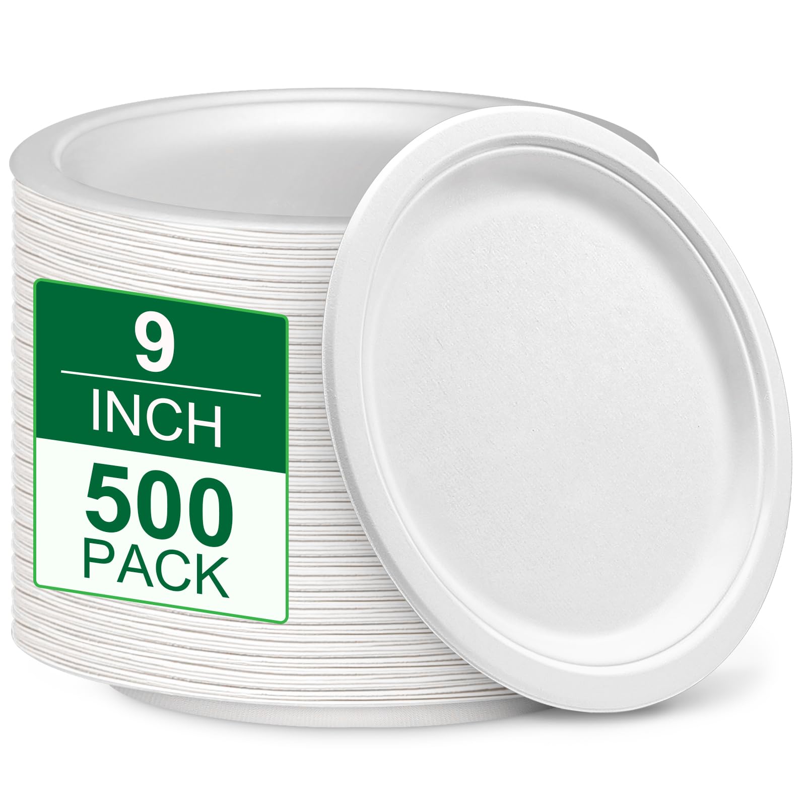 Uniecocus 9 inch Paper Plates Bulk 500 Pack, 100% Compostable Plates Heavy Duty Sturdy, White Plates Disposable Recycled Eco Friendly Biodegradable