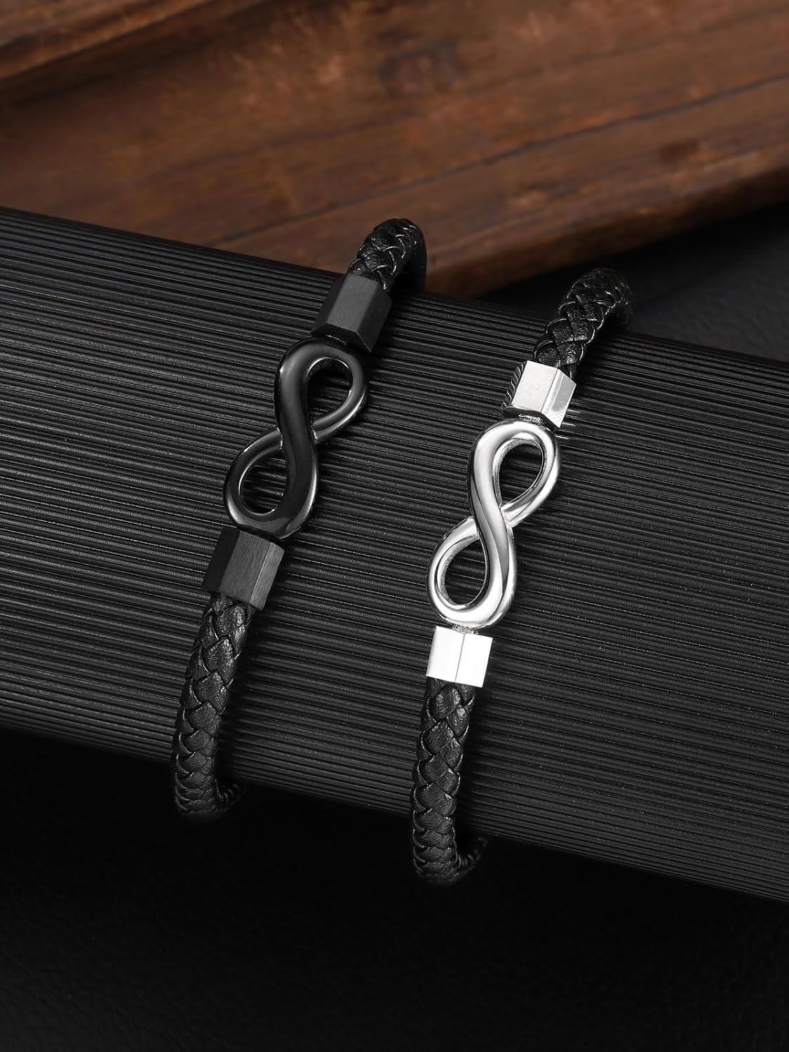 Zysta 2pcs Set Infinity Bracelet for Men Dad Husband Black Braided Leather Forever Linked Together Stainless Steel Love You Forever Anniversary Birthday Jewelry - Image 6