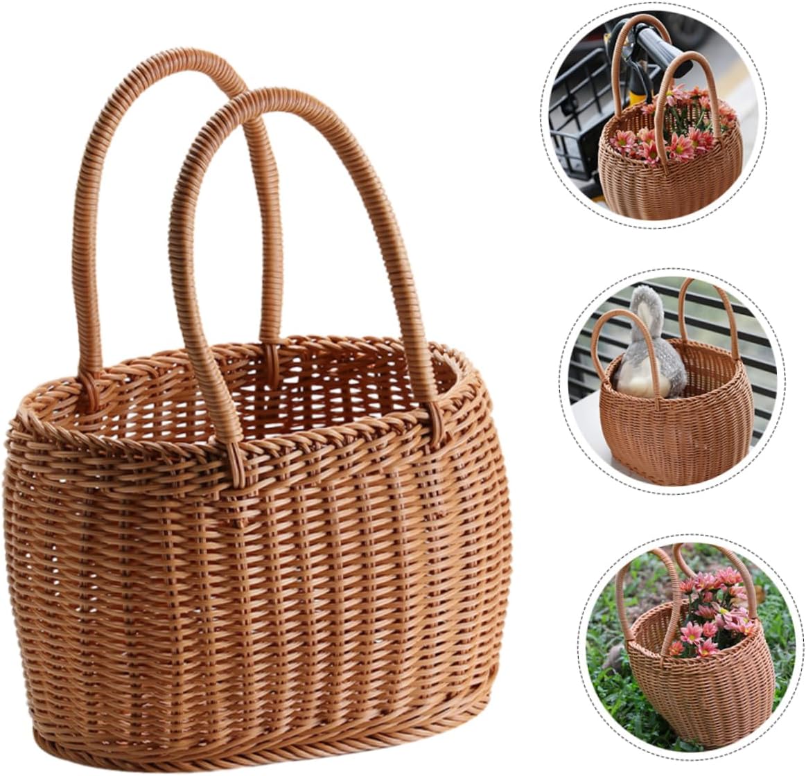 Generic Handmade Woven Storage Basket Picnic Basket with Handle Flower Woven Basket Fruit Basket Decorative Home Accessory