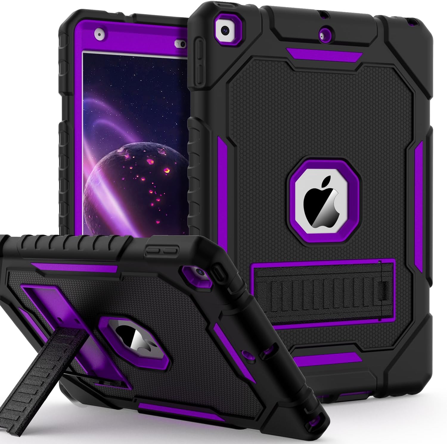 ZoneFoker Case for iPad 9th/8th/7th Generation 2021/2020/2019(10.2 inch), Heavy Duty Military Grade Shockproof Rugged Protective 10.2" Cover with Built-in Stand for iPad 9 8 7 Gen(Black+Purple)