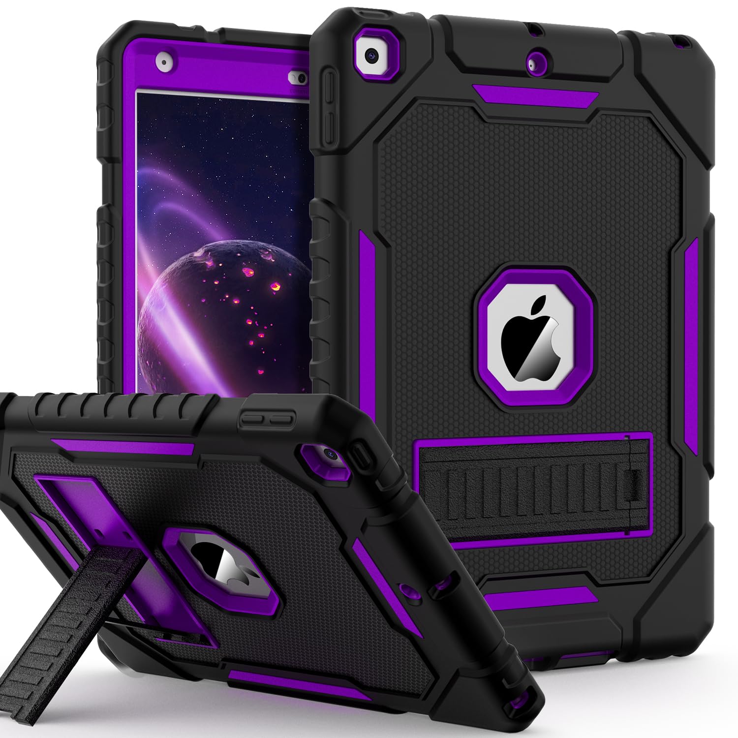 ZoneFoker Case for iPad 9th/8th/7th Generation 2021/2020/2019(10.2 inch), Heavy Duty Military Grade Shockproof Rugged Protective 10.2" Cover with Built-in Stand for iPad 9 8 7 Gen(Black+Purple)