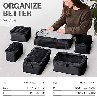 Aerotrunk Compression Packing Cubes for Suitcases - Double Zipper Compression Luggage Organizers - Washable Travel Packing Cubes (6-Pack, Black)