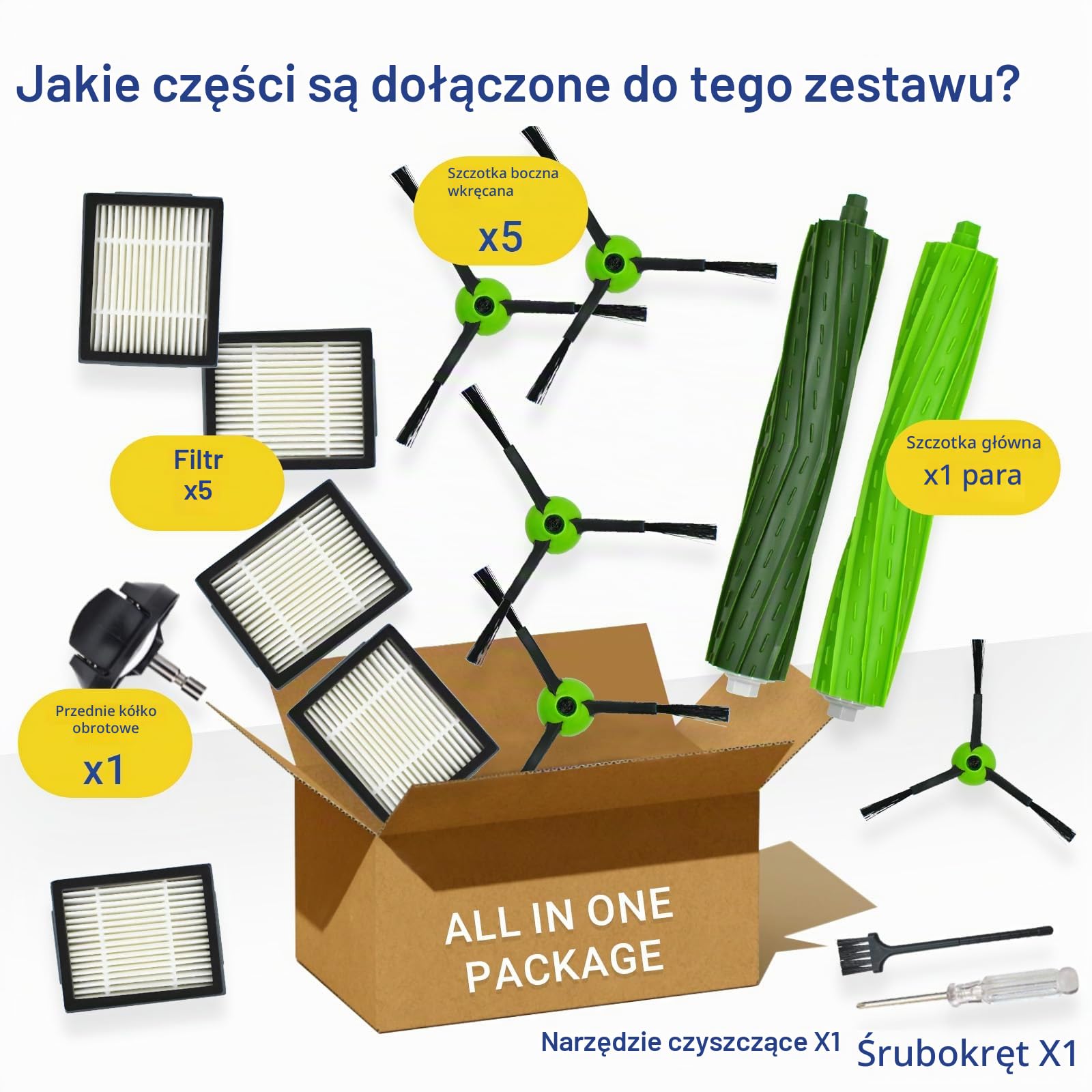 Części zamienne akcesoria do iRobot Roomba seria J J5 J5+ J6 J6+ J7 J7+ J8 J8+ J9 J9+ robot odkurzacz, 1 szczotka główna, 5 czarnych szczotek bocznych, 5 filtrów, 1 przednie koło skrętne