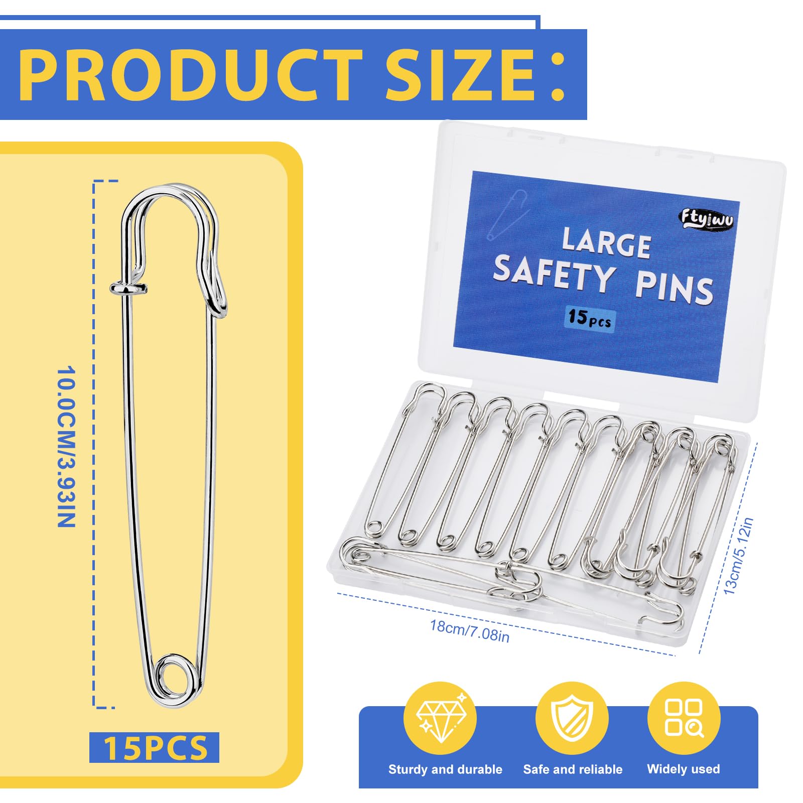 Safety Pins, 15 Pack Large Safety Pin 4 Inch, Heavy Duty Safety Pins for Clothes, Diapers, Blankets, Laundry, Leather Canvas, DIY Crafts (Silvery) — view 2