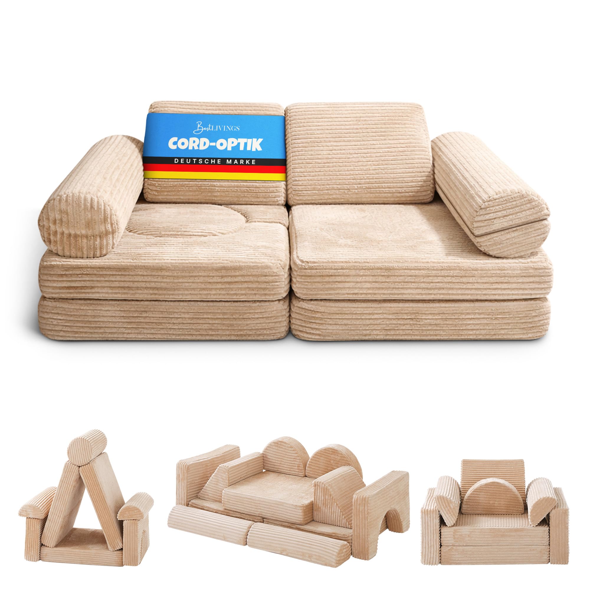 Bestlivings Spielsofa Kinder Beige Flanell-Cord | 11-teilig