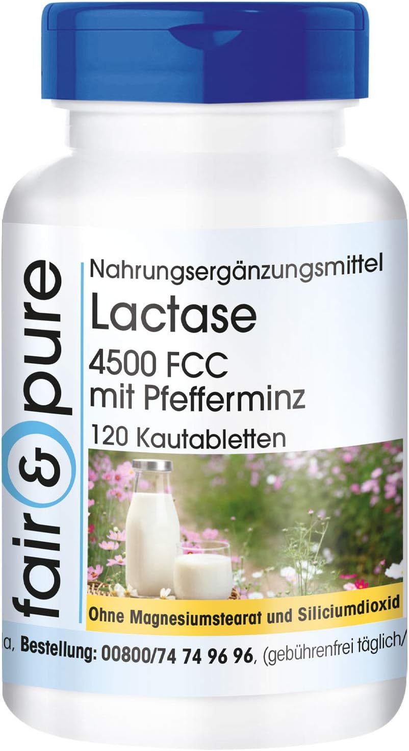 Fair & Pure Lactase Tablets Pack of 120 Swallow Friendly 4500 FCC with Peppermint Flavour Dietary Supplement without Magnesium Stearate Made in Germany