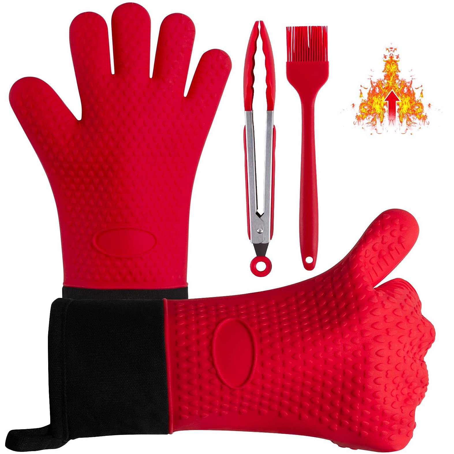 BoxallsGrilling Gloves Kit, Heat Resistant Silicone Oven Gloves with Grill Tong & Brush, BBQ Silicone Gloves Set for Grilling, Cooking, Baking and Kitchen (Red)