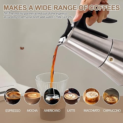 Miniatura 6 de Olla eléctrica de acero inoxidable para 6 tazas de 10.1 fl oz, cafetera expresa, cafetera portátil, cafetera italiana, clásica, Greca, Café, moca,