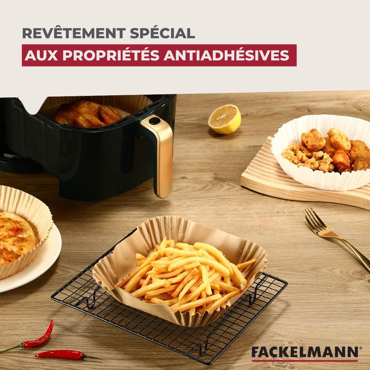 Fackelmann 9322150 - Stampo per friggitrice ad aria calda, stampo per friggitrice ad aria calda, stampo per friggitrice senza olio, carta aria fryer, 50 pezzi, quadrato, carta, 20 x 20 x 4,5 cm