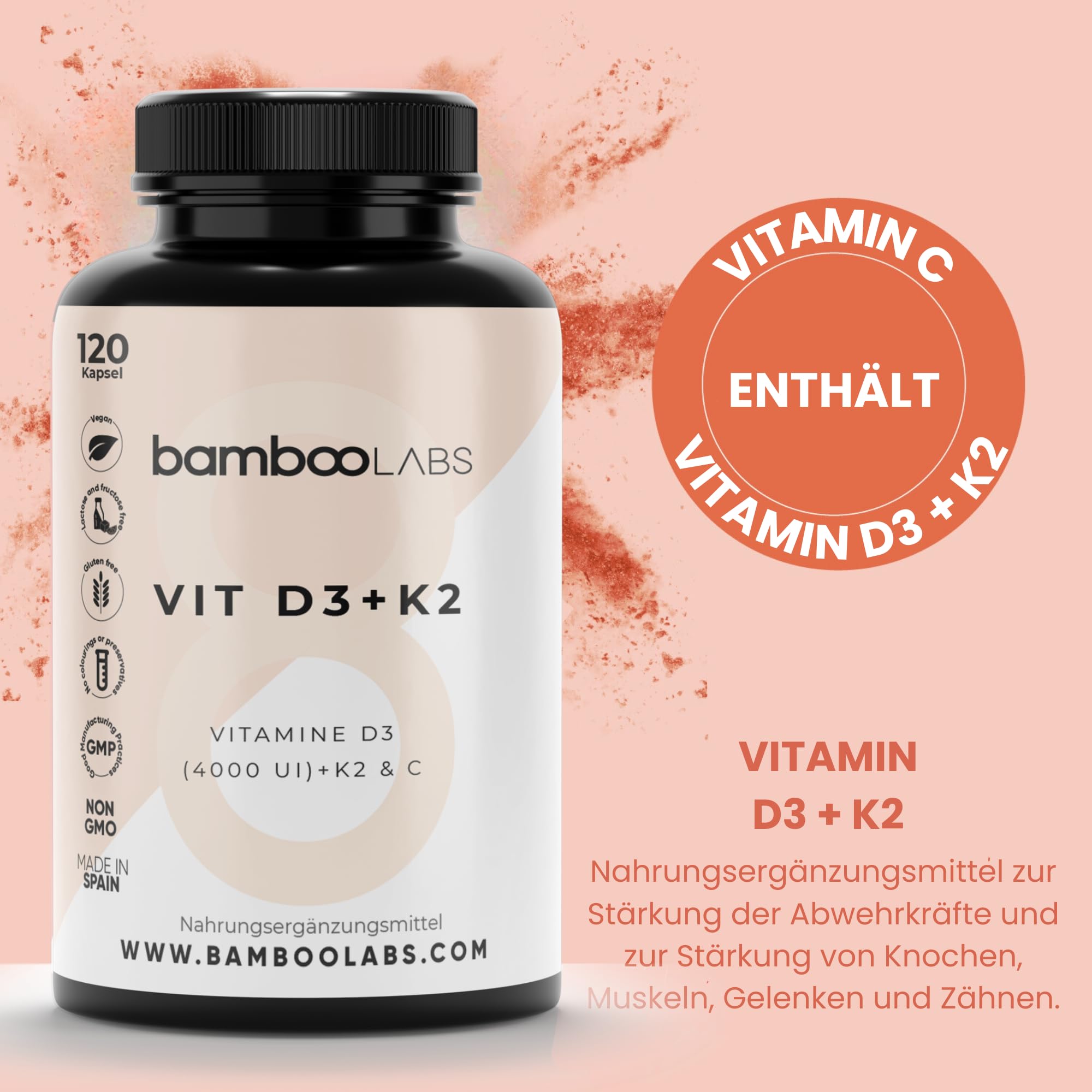 Bamboo Labs - Vitamina D3 y K2 + Vitamina C, 120 Cápsulas de Vitamina D3 4000 UI, Ayuda al Sistema Inmunológico y Favorece el Sistema Nervioso y Óseo