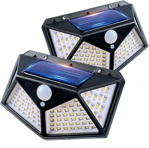 Luces solares para exteriores, 100 LED, paquete de 2 luces solares con sensor de movimiento para exteriores con 3 modos de iluminación, luces de