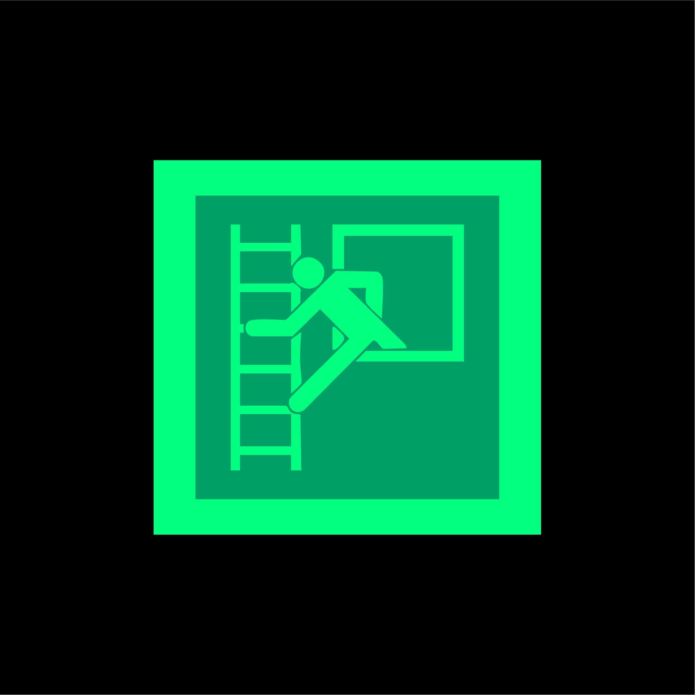 ISO Safety label Sign International Emergency window with escape ladder Symbol - 200mm x 200mm 1.2mm Photoluminescent glow in the dark rigid plastic with self adhesive backing
