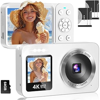 Digital Camera, 4K, 64 Megapixels, 30 FPS, 64 GB, TF Card Included, Selfie Function, 18 X Digital Zoom, 2.8 Inches, IPS Screen, AF Autofocus, Rechargeable YouTube Camera, Beginners, Webcam, Children