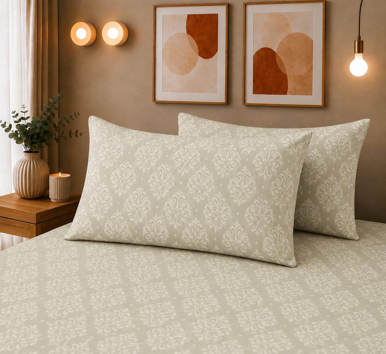 THE HOME STYLE Super Soft Glace Cotton King Size Printed Pillow Covers ll Pillow Cases ll Set of 2 Piece- 18"x 28" Inches (Sage Green Barocca)
