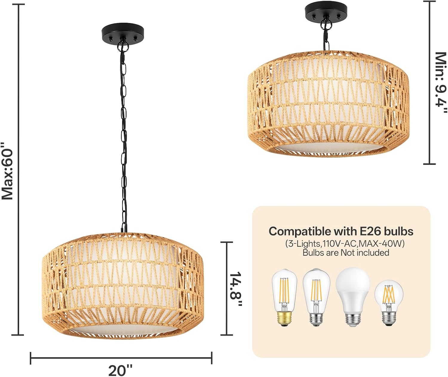 Boho Rattan Chandelier, 3-Light Farmhouse Pendant Light with Linen Shade, Hand-Woven Ceiling Light Fixture for Dining Room, Bedroom, Kitchen Island, E26 Base