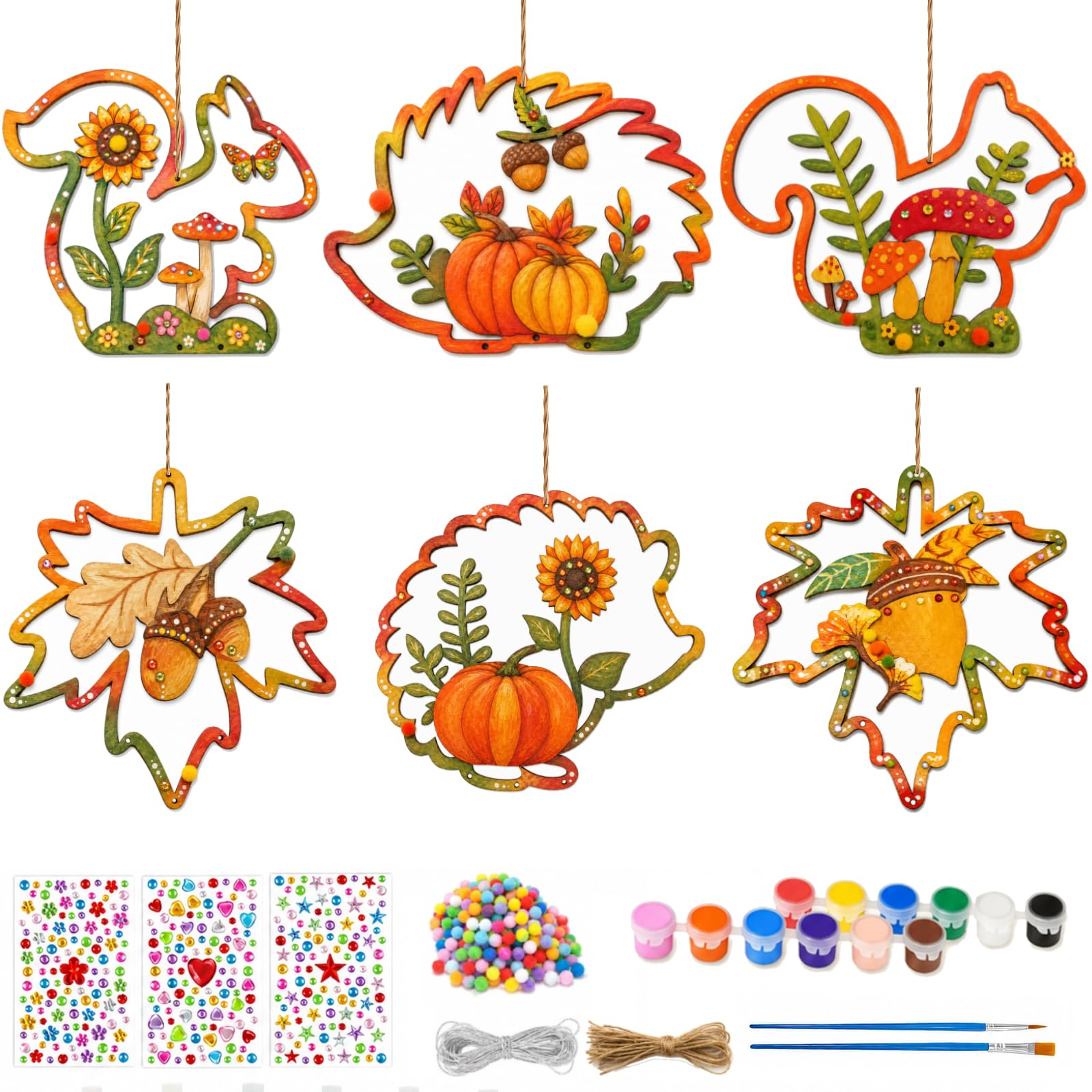 12 Stück Bastelset Herbst Kinder, Holzanhänger zum Bemalen Herbst | 6 Herbstmotive, jeweils 2 Stück, mit Pompons, Stickern und Schnüren zum individuellen Verzieren und Aufhängen