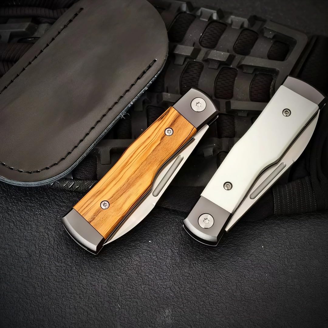 Generisch Klappmesser 16 cm mit M390 Stahl und G10 Aluminiumgriff Leichtes Taschenmesser für Camping Wandern Reisen Freizeit und Outdoor Aktivitäten (Olivenholz)