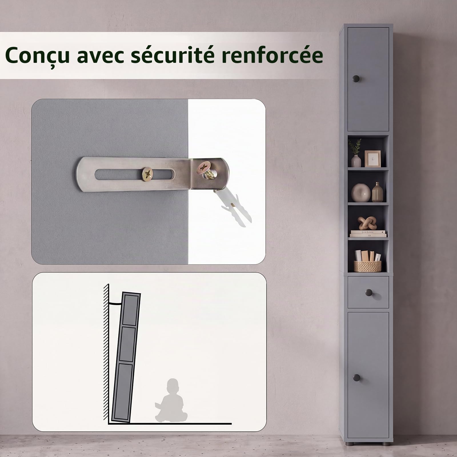 GIANTEX Colonne Salle de Bain Haute, Petit Meuble de Rangement Salle de Bain, 2 Portes, 1 Tiroir, Étagère Réglable, Meuble Rangement pour Toilette, Salon, Bureau, 20x20x180 cm(4Étagère,Gris)