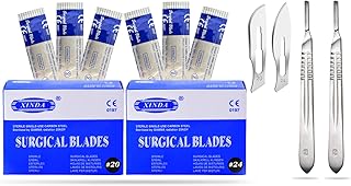 VISION TEK MED 200 Scalpel Blades #20 + #24 for Surgi, Dermaplaning, Veterinary, Taxidermy, Arts & Crafts, More - Includes 2 Handle #4