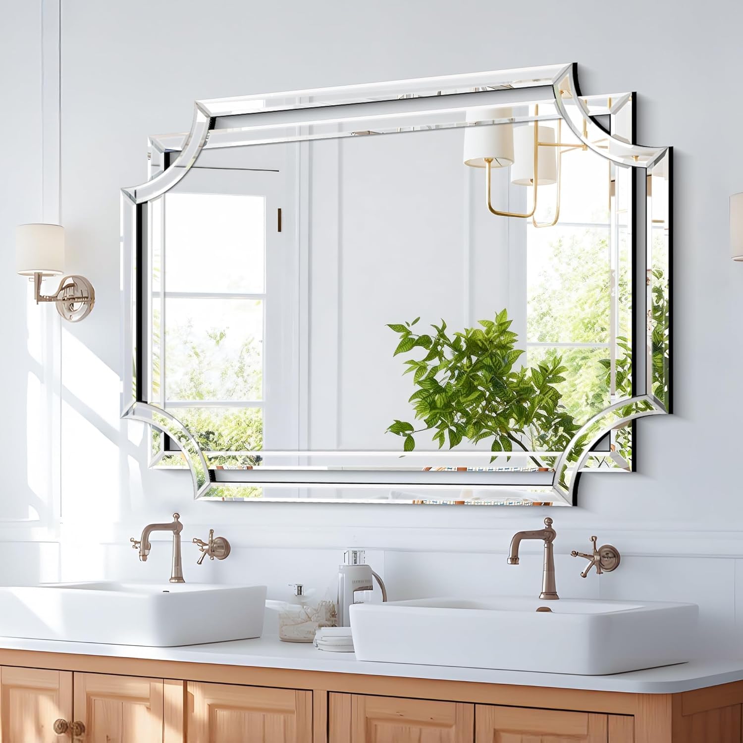 Chende 32" x 47" Large Wall Mirror for Living Room Decor, Modern Unique Decorative Mirror with Beveled Glass Scalloped Corner, Horizontal or Vertical Hanging for Entryway, Dining Room, Bathroom
