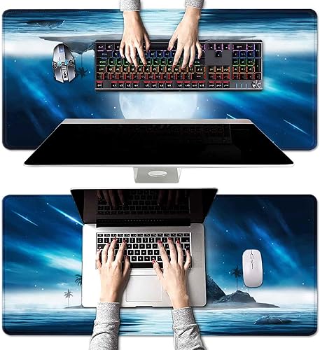 Miniatura 4 de Alfombrilla de mouse grande extendida para juegos con bordes cosidos, alfombrilla de escritorio de luna llena de montaña azul para computadora,