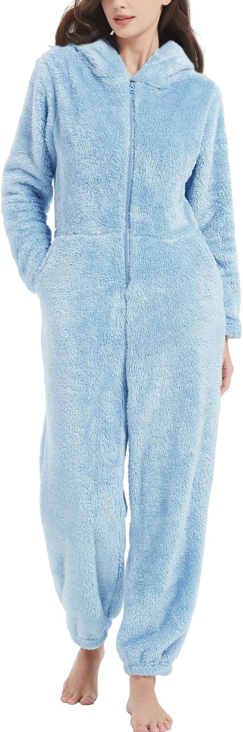 Kissonic Women's Onesies Pajamas Sherpa Fleece One Piece Romper Zipper Cute Hooded Jumpsuit Pajama Loungewear