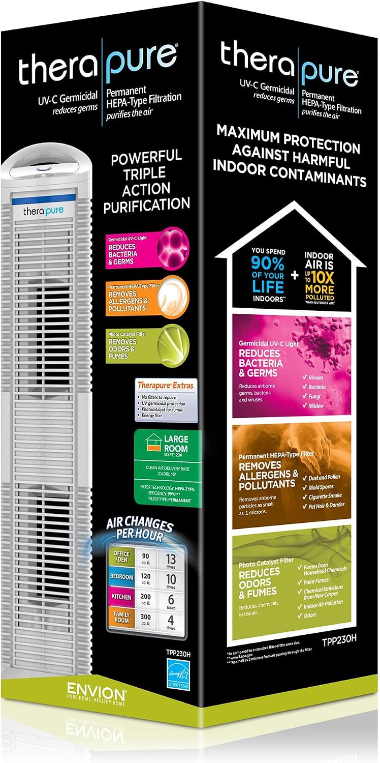 ENVION Medium Room Easy Cleaning Light Photocatalyst Filter HEPA Air Purifier w/Portable Handle, 3 Fan Speeds, & Digital Display, White