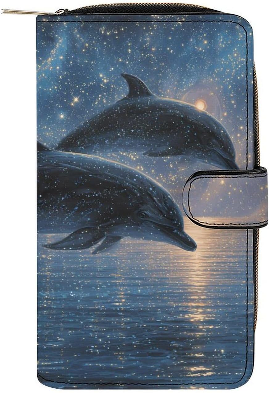 Dolphins Leaping Starlight Women's Long Wallets Leather Purse Fold Clutch Credit Card Holder