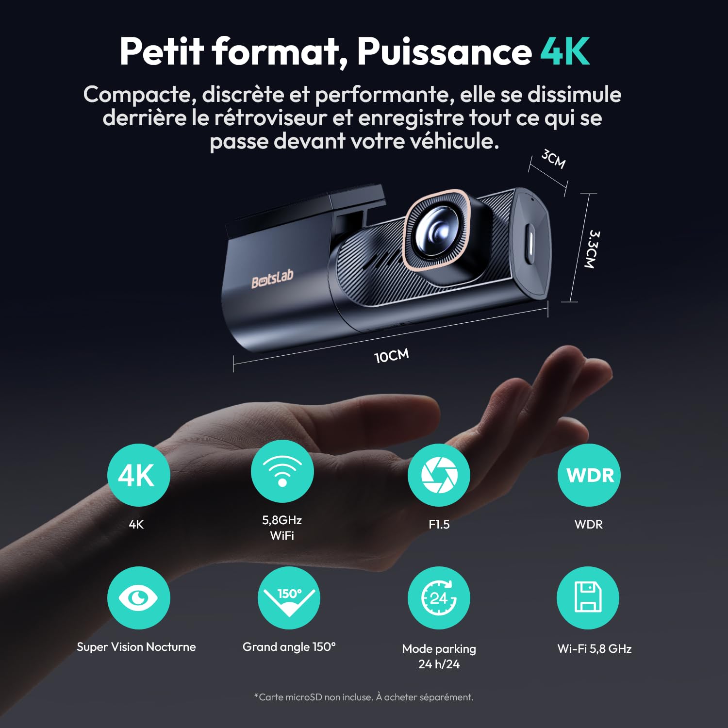 BOTSLAB 4K Dashcam Voiture Avant, Rotative 360° avec Super Condensateur