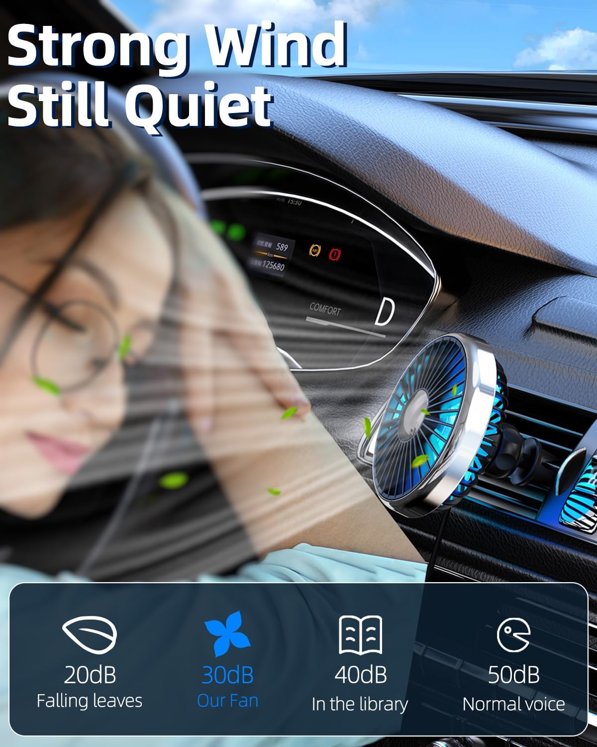 Car AC Fan USB for Air Vent to Boost Cold Air in the Vehicle SUV Van RV Pickup Truck, Powerful 3 Speed Portable Fan for Car Clip on Fan - Colorful Light Quiet Brushless Motor 360 Rotation