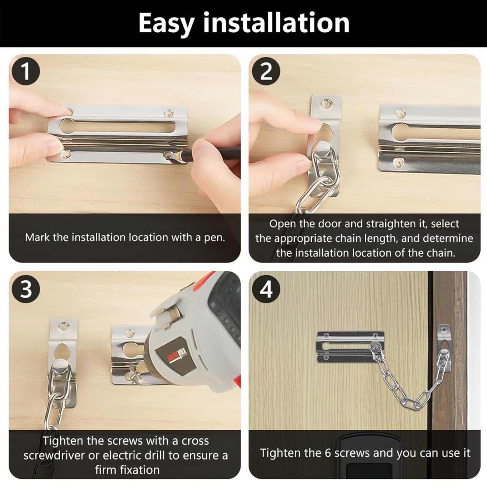 4 serrature a catena in acciaio inox, per porte anteriori, resistente, antifurto, limitatore interno per porte, balconi, residenze, camere da letto, armadi, finestre, motel, argento