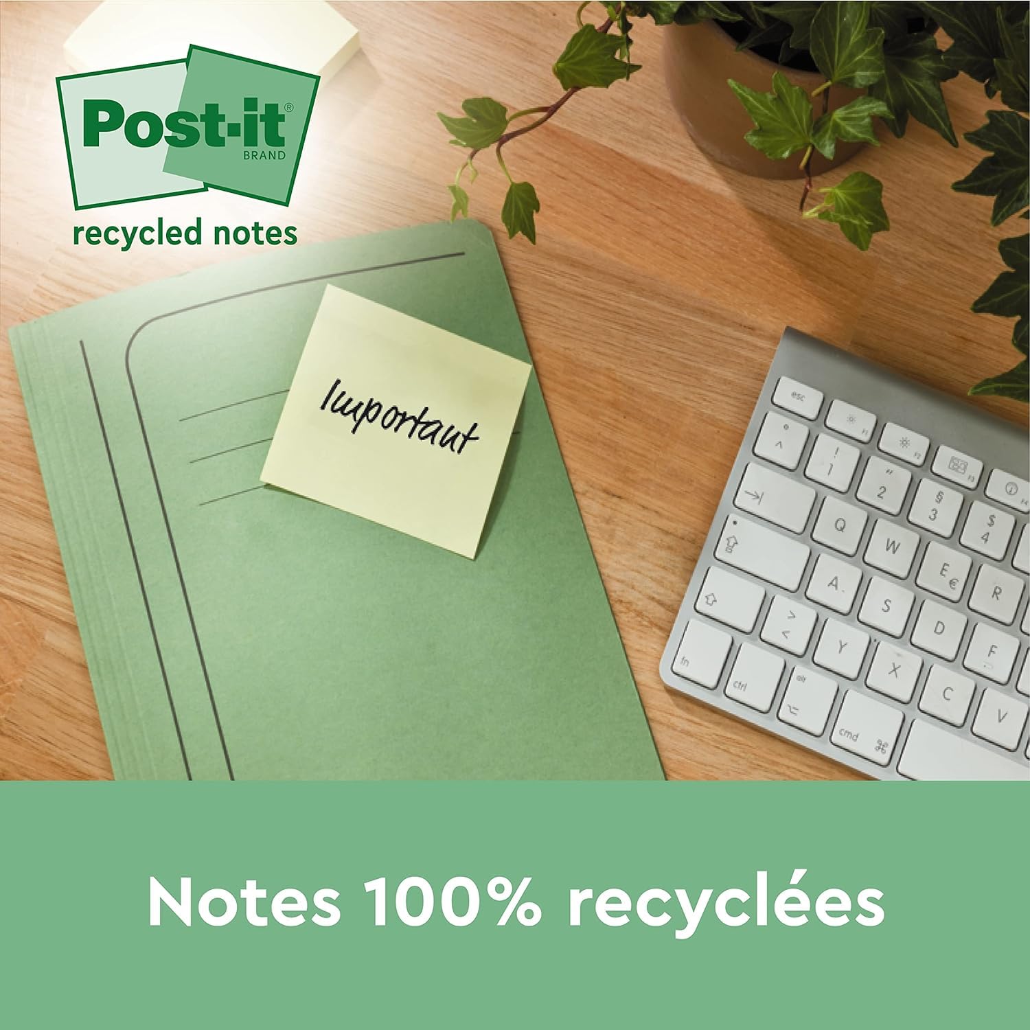 Post-it Notes Autocollantes, Recyclés - 16 Blocs, 100 Feuilles par Bloc, 76 mm x 76 mm - Feuillets Adhésifs pour Prise de Notes, Listes de Tâches et Rappels, Fabriqués à partir de Papier 100% Recyclé