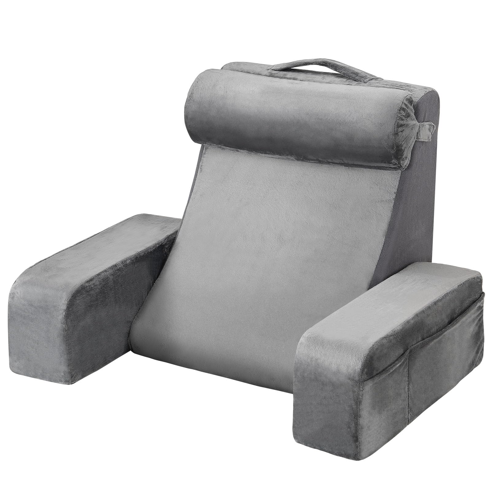 VEVOR Cuscino da Lettura per Schienale del Letto con Braccioli e 3 Tasche, Grande Cuscino da Letto con Supporto per Collo Rimovibile e Spugna 25D, per Leggere, Giocare, Riposare, Lavorare, Grigio
