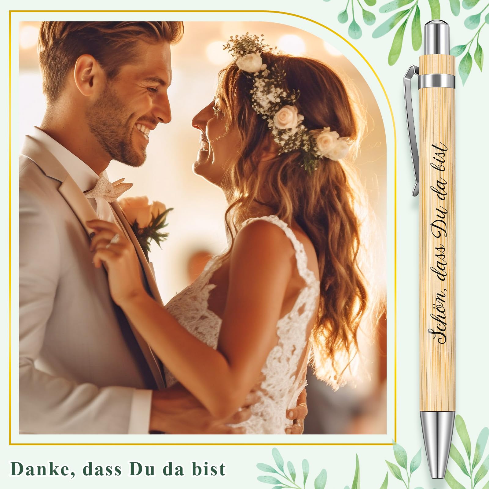 20 Bolígrafos De Bambú Grabados "Schön, Das Du Da Bist" - Regalo Bodas, Agradecimiento, Eventos