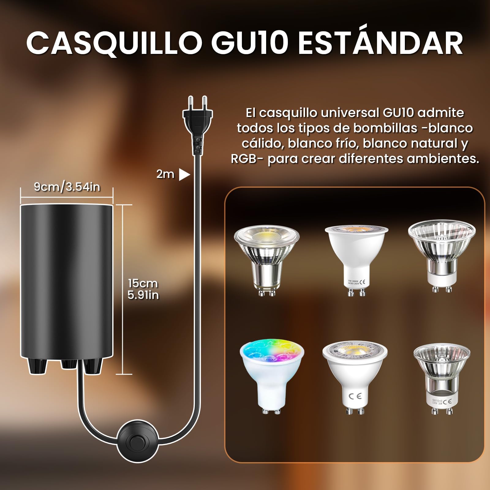 Uplight Spot Foco LED GU10 para Iluminación Indirecta, 5W Foco de suelo con Interruptor de Pedal, 2X Bombillas LED GU10 Blanco Cálido 3000K, No regulable, Negro, Enchufe UE(2 unidades)
