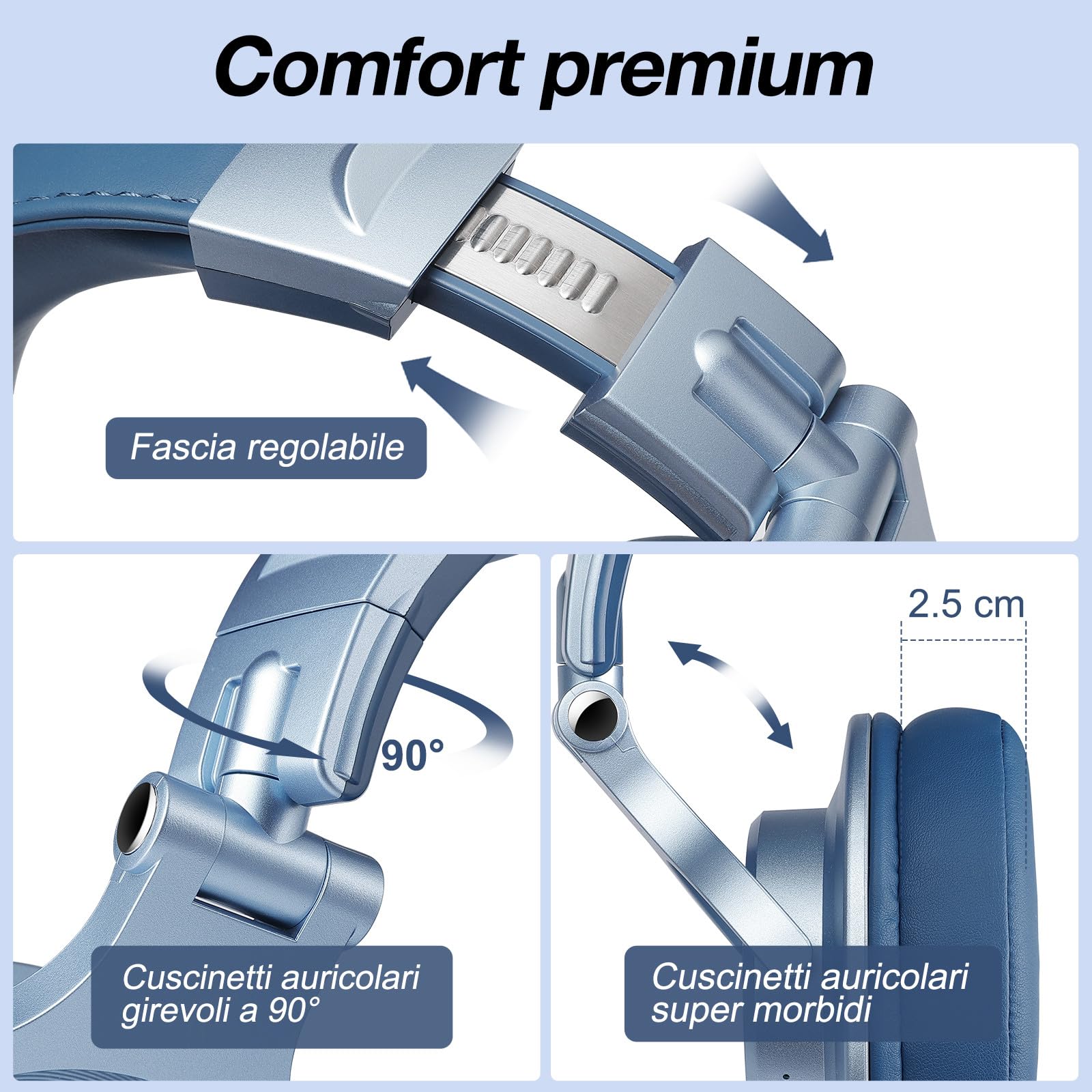 OneOdio A70 Cuffie Bluetooth Over Ear, Cuffie Cablate e Wireless Cuffie Stereo con Microfono, 72 Ore di Riproduzione, CVC 8.0, Jack 3,5 e 6,35 mm, Pieghevole/per DJ/Chitarra/Cellulare/PC (Blu)