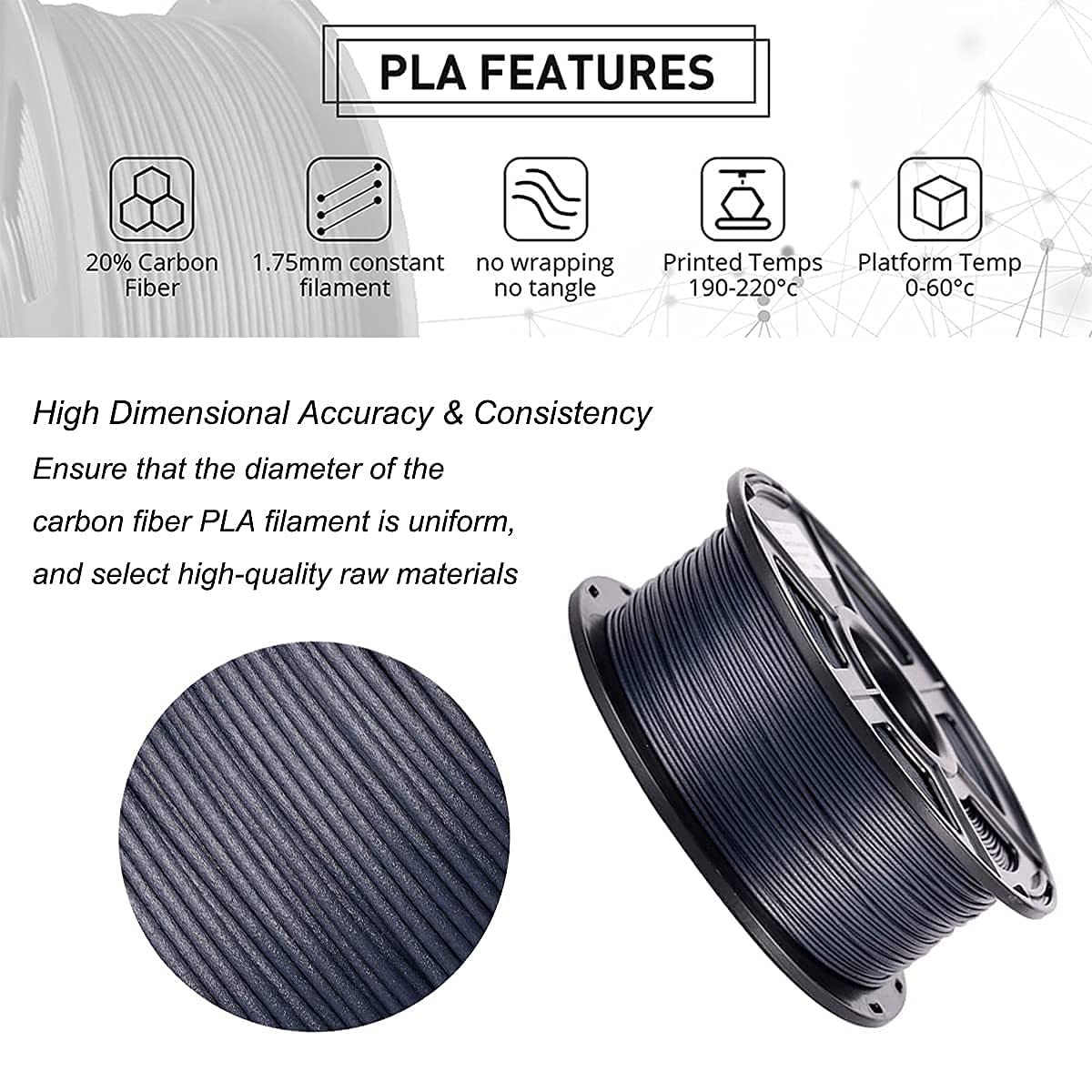 Suntop PLA Filament 3D Printer Filament Carbon Fiber Filament 1.75mm 20% Carbon Fiber Dimensional Accuracy +/- 0.03 mm 1kg 2.2lbs Black Spool