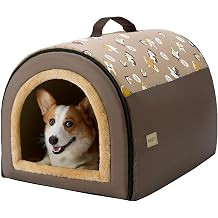 Jiupety Indoor Dog House, 2-in-1 Portable Foldable House Bed with Cover, Pet Tent & Cave Bed for Medium Dogs, XL28"21"19", Up to 40 Lb, Brown