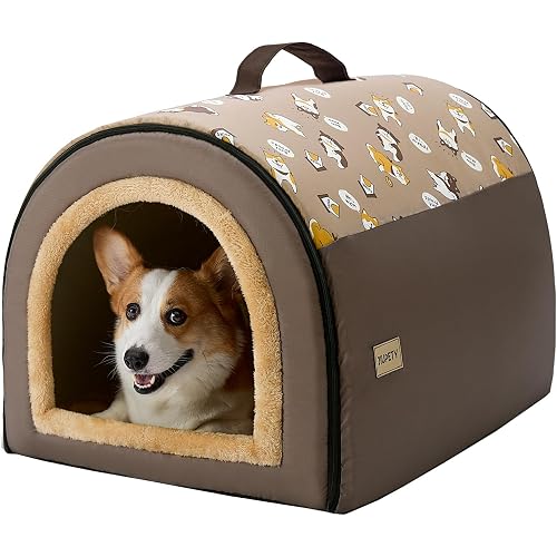 Jiupety Indoor Dog House, 2-in-1 Portable Foldable House Bed with Cover, Pet Tent & Cave Bed for Medium Dogs, XL(28"×21"×19"), Up to 40 Lb, Brown